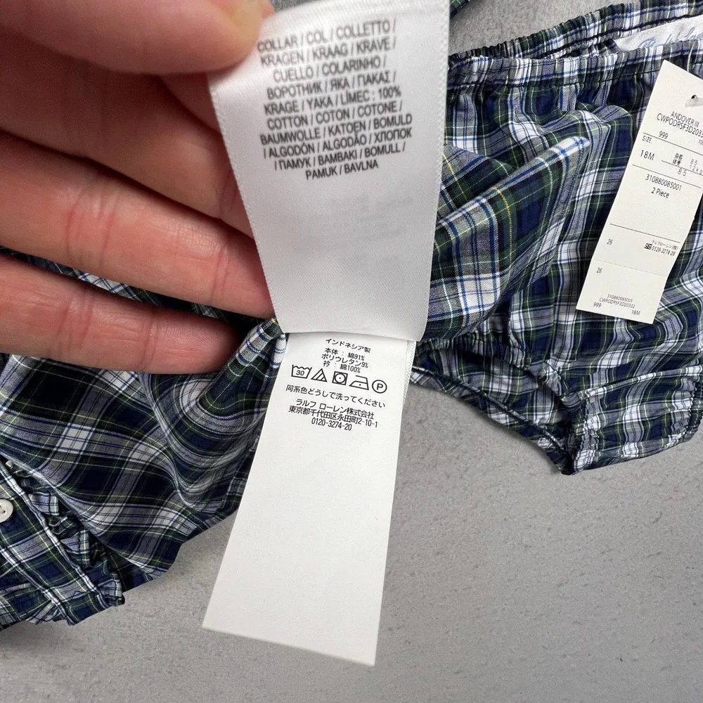 Ralph Lauren Plaid Dress Set Kids 18M Navy Green Ruffle Peter Pan Collar Preppy